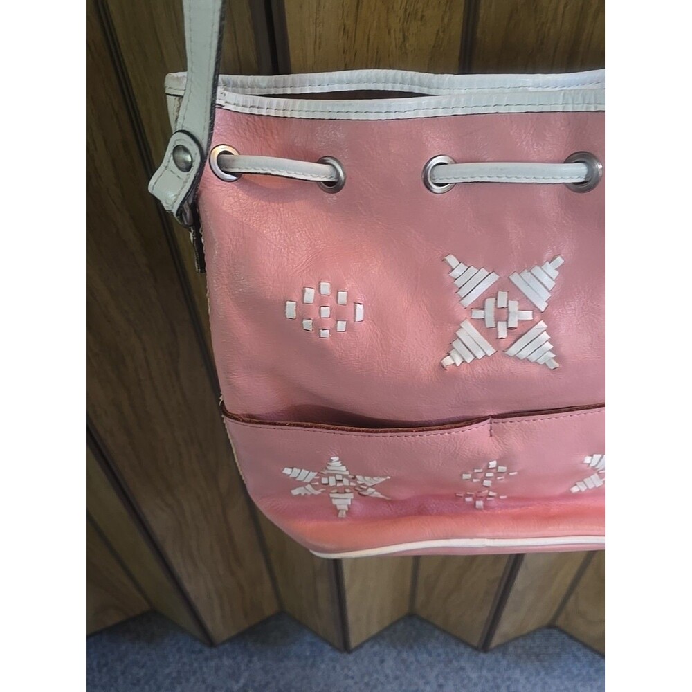 Patricia Nash Brindisi Leather Bucket Bag Pink Aztec Lacing Cinch Crossbody - Picture 10 of 16